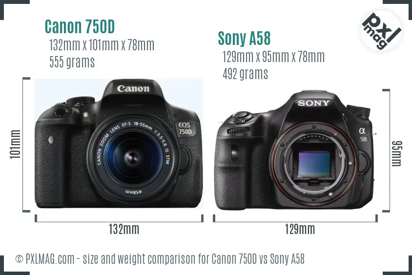 Canon 750D vs Sony A58 size comparison