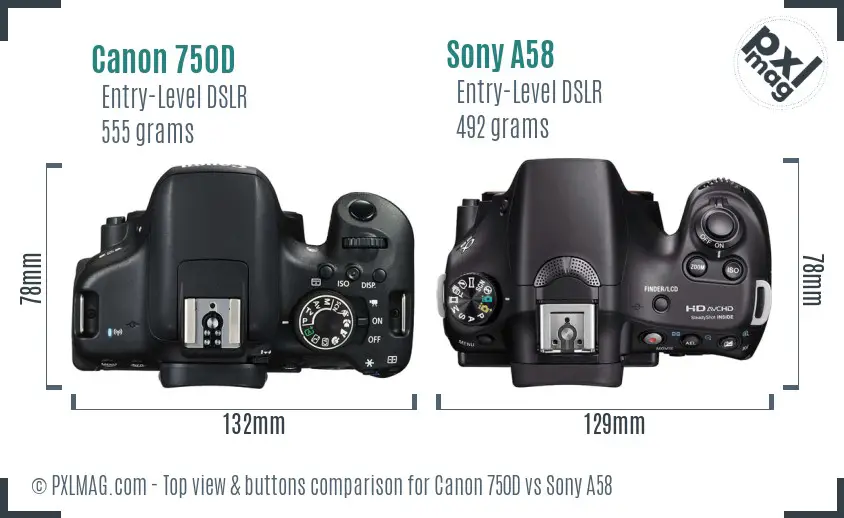 Canon 750D vs Sony A58 top view buttons comparison