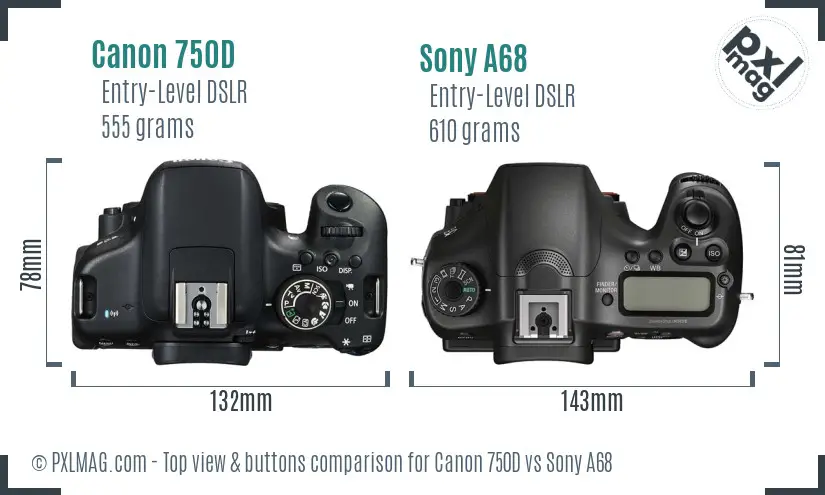 Canon 750D vs Sony A68 top view buttons comparison