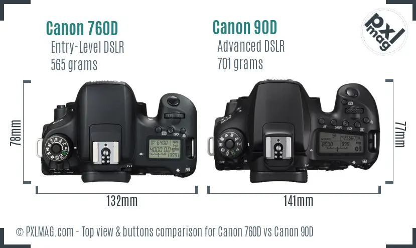 Canon 760D vs Canon 90D top view buttons comparison Canon 760D vs Canon 90D top view buttons comparison