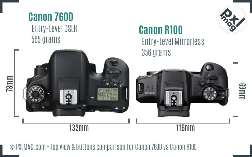 Canon 760D vs Canon R100 top view buttons comparison Canon 760D vs Canon R100 top view buttons comparison