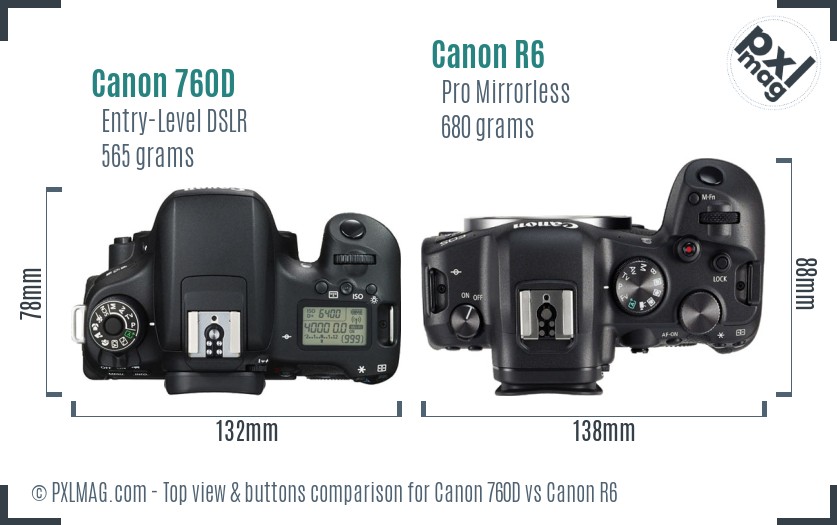 Canon 760D vs Canon R6 top view buttons comparison