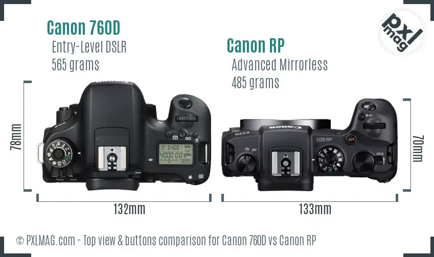 Canon 760D vs Canon RP top view buttons comparison Canon 760D vs Canon RP top view buttons comparison