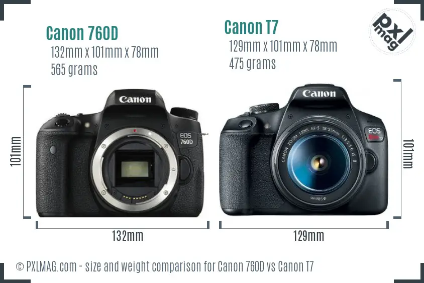 Canon 760D vs Canon T7 size comparison