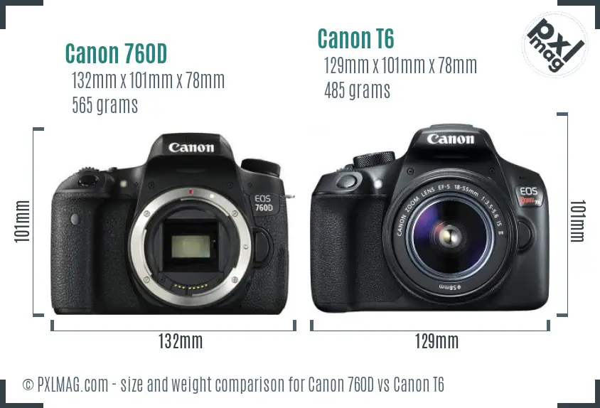 Canon 760D vs Canon T6 size comparison