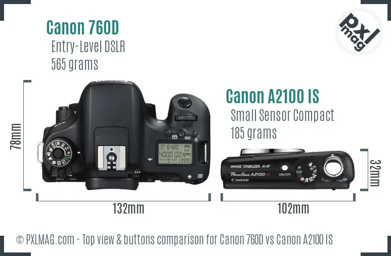 Canon 760D vs Canon A2100 IS top view buttons comparison