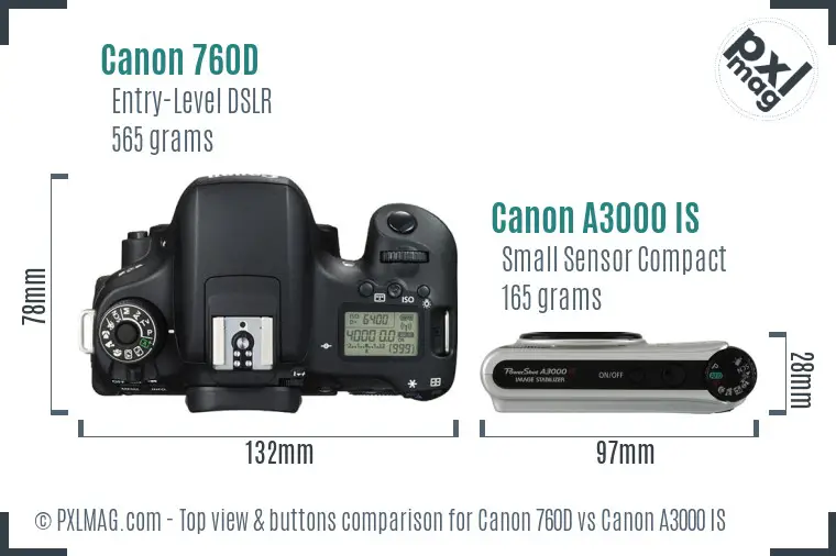 Canon 760D vs Canon A3000 IS top view buttons comparison