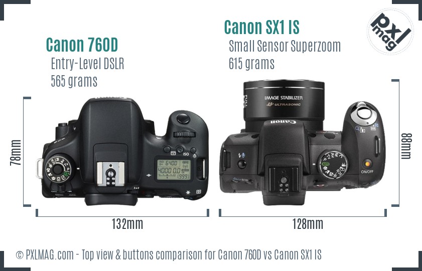 Canon 760D vs Canon SX1 IS top view buttons comparison