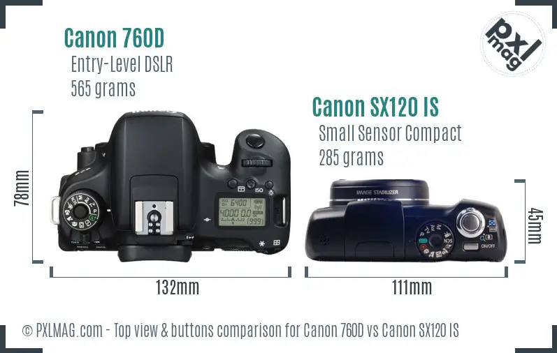 Canon 760D vs Canon SX120 IS top view buttons comparison