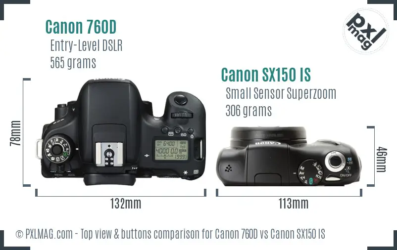 Canon 760D vs Canon SX150 IS top view buttons comparison