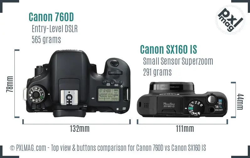 Canon 760D vs Canon SX160 IS top view buttons comparison