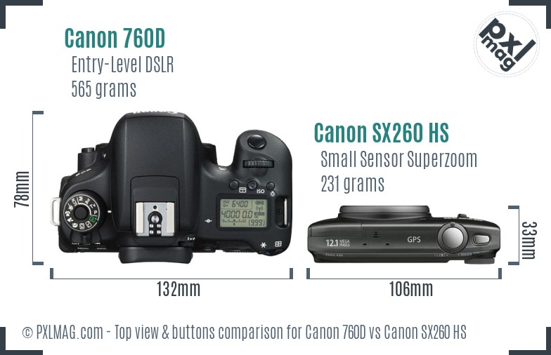 Canon 760D vs Canon SX260 HS top view buttons comparison
