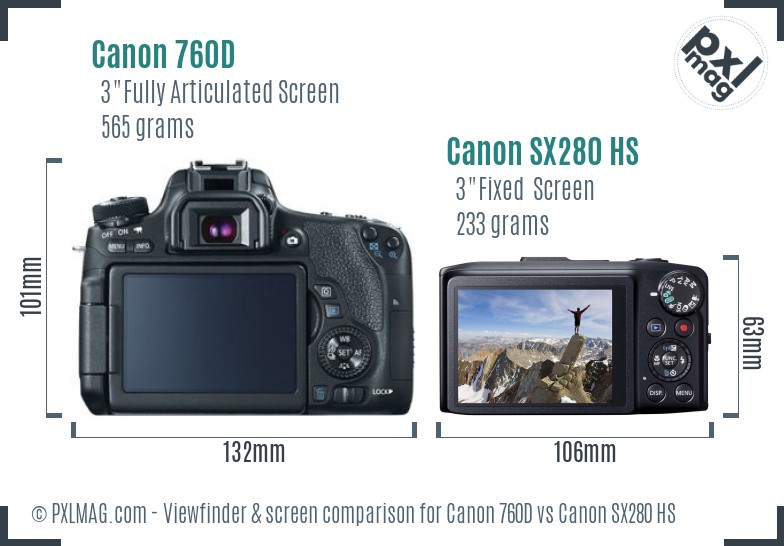 Canon 760D vs Canon SX280 HS Screen and Viewfinder comparison