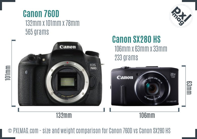 Canon 760D vs Canon SX280 HS size comparison