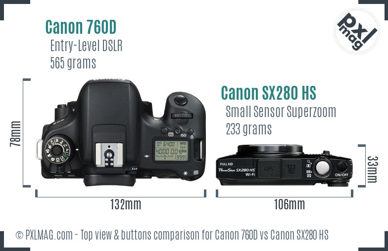 Canon 760D vs Canon SX280 HS top view buttons comparison