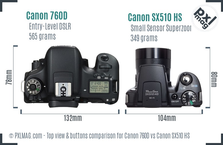 Canon 760D vs Canon SX510 HS top view buttons comparison