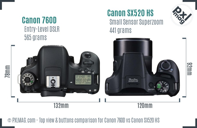 Canon 760D vs Canon SX520 HS top view buttons comparison