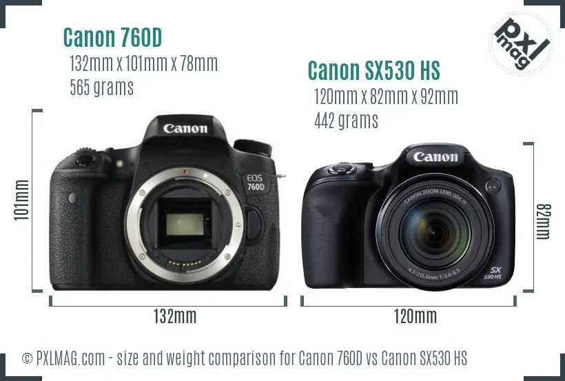 Canon 760D vs Canon SX530 HS size comparison
