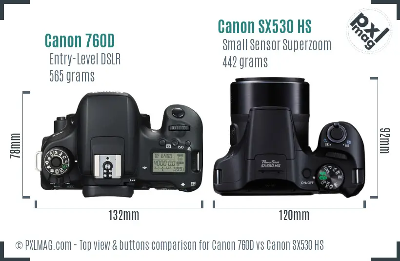 Canon 760D vs Canon SX530 HS top view buttons comparison