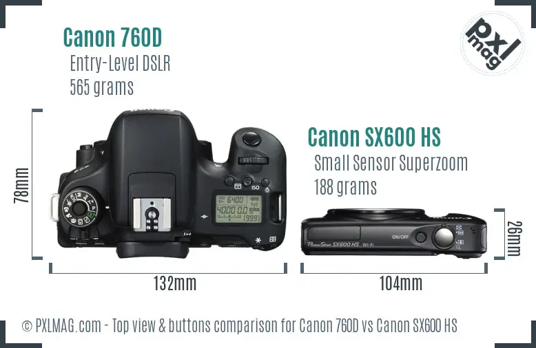 Canon 760D vs Canon SX600 HS top view buttons comparison