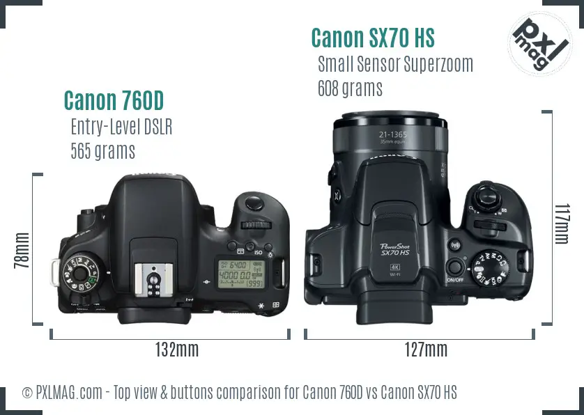 Canon 760D vs Canon SX70 HS top view buttons comparison