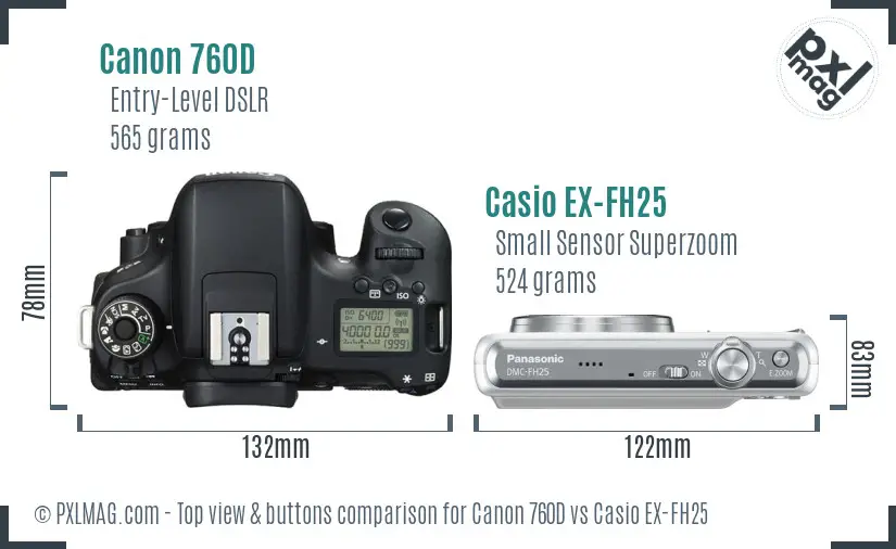 Canon 760D vs Casio EX-FH25 top view buttons comparison Canon 760D vs Casio EX-FH25 top view buttons comparison
