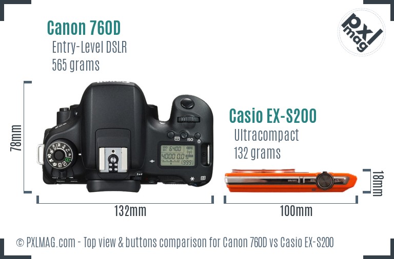 Canon 760D vs Casio EX-S200 top view buttons comparison