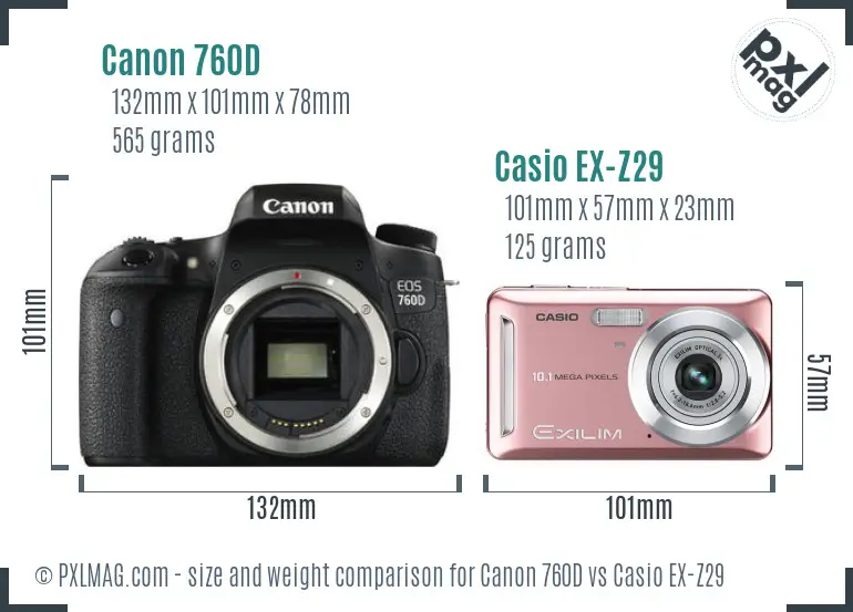 Canon 760D vs Casio EX-Z29 physical size comparison