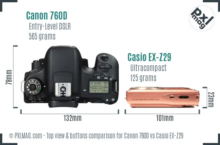 Top view design and control layout comparison of Canon 760D and Casio EX-Z29
