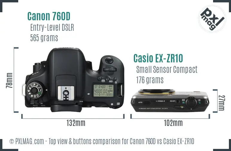 Canon 760D vs Casio EX-ZR10 top view buttons comparison