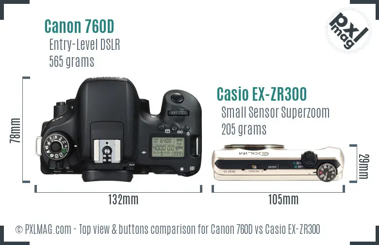 Canon 760D vs Casio EX-ZR300 top view buttons comparison Canon 760D vs Casio EX-ZR300 top view buttons comparison