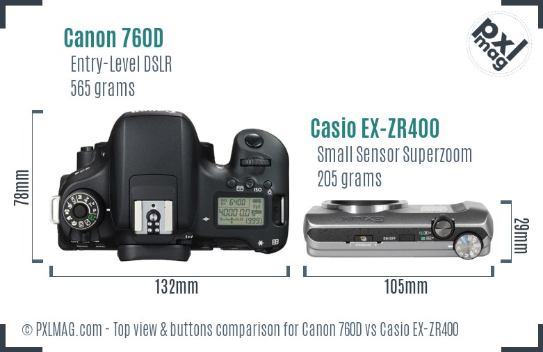 Canon 760D vs Casio EX-ZR400 top view buttons comparison