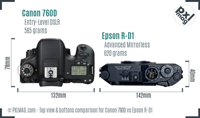 Canon 760D vs Epson R-D1 top view buttons comparison