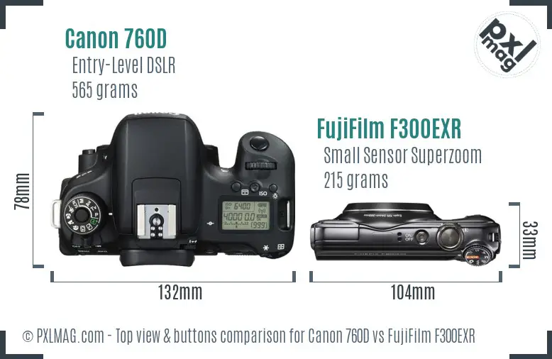Canon 760D vs FujiFilm F300EXR top view buttons comparison
