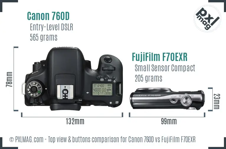 Canon 760D vs FujiFilm F70EXR top view buttons comparison