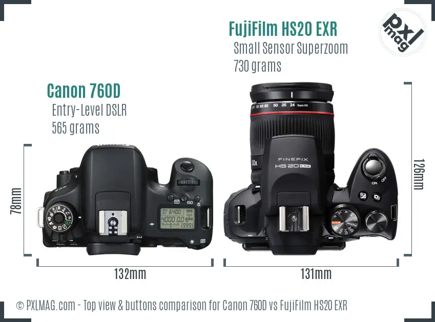 Canon 760D vs FujiFilm HS20 EXR top view buttons comparison