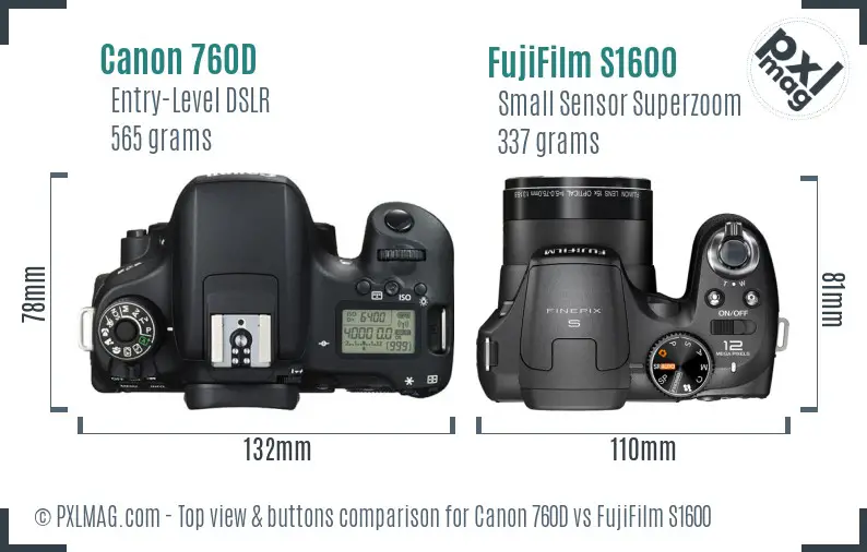 Canon 760D vs FujiFilm S1600 top view buttons comparison