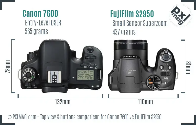 Canon 760D vs FujiFilm S2950 top view buttons comparison