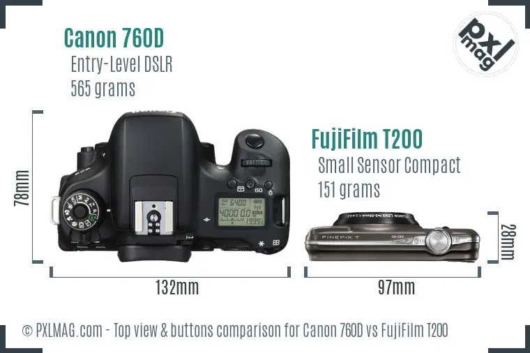 Canon 760D vs FujiFilm T200 top view buttons comparison