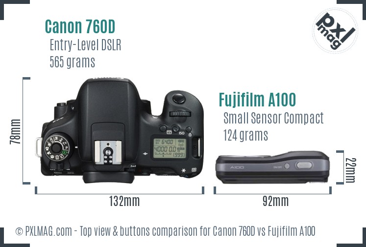Canon 760D vs Fujifilm A100 top view buttons comparison