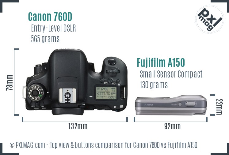 Canon 760D vs Fujifilm A150 top view buttons comparison