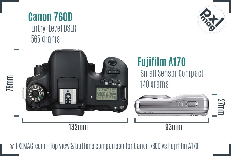 Canon 760D vs Fujifilm A170 top view buttons comparison