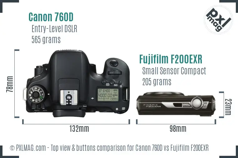 Canon 760D vs Fujifilm F200EXR top view buttons comparison