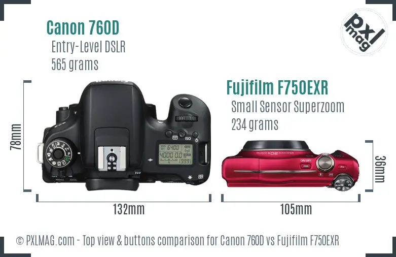 Canon 760D vs Fujifilm F750EXR top view buttons comparison