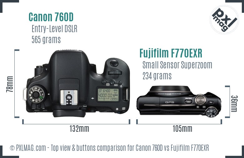 Canon 760D vs Fujifilm F770EXR top view buttons comparison