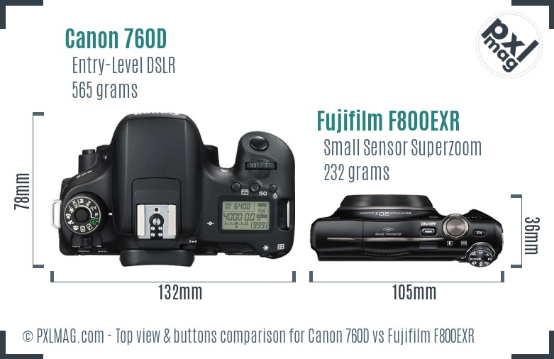 Canon 760D vs Fujifilm F800EXR top view buttons comparison