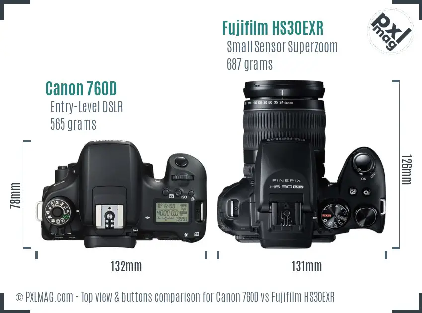 Canon 760D vs Fujifilm HS30EXR top view buttons comparison Canon 760D vs Fujifilm HS30EXR top view buttons comparison
