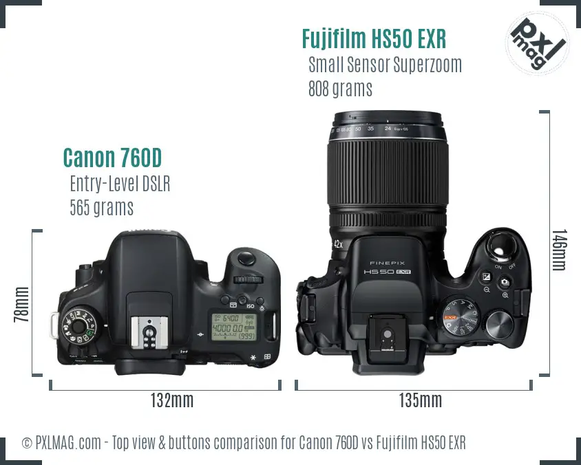 Canon 760D vs Fujifilm HS50 EXR top view buttons comparison Canon 760D vs Fujifilm HS50 EXR top view buttons comparison