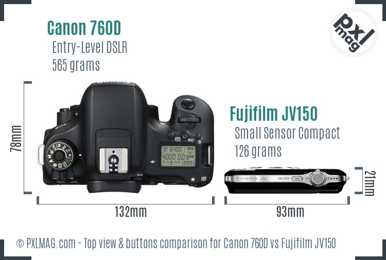 Canon 760D vs Fujifilm JV150 top view buttons comparison