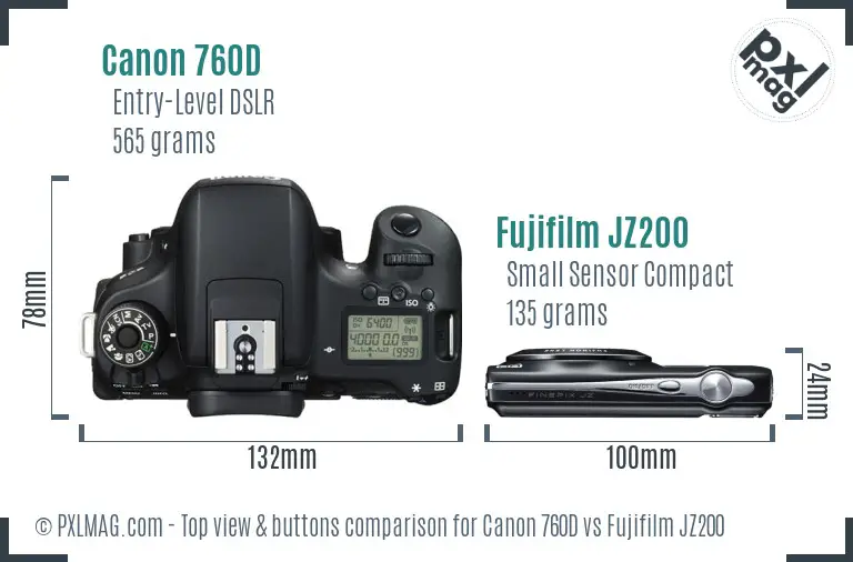 Canon 760D vs Fujifilm JZ200 top view buttons comparison